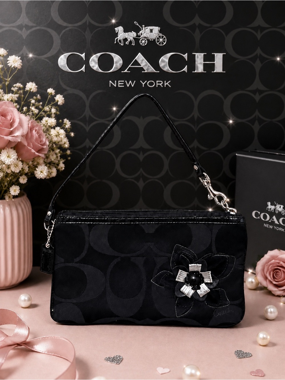 Coach Signature Floral Zip Wristlet with Free Chain Strap & Dust Bag. - Picture 6 of 16